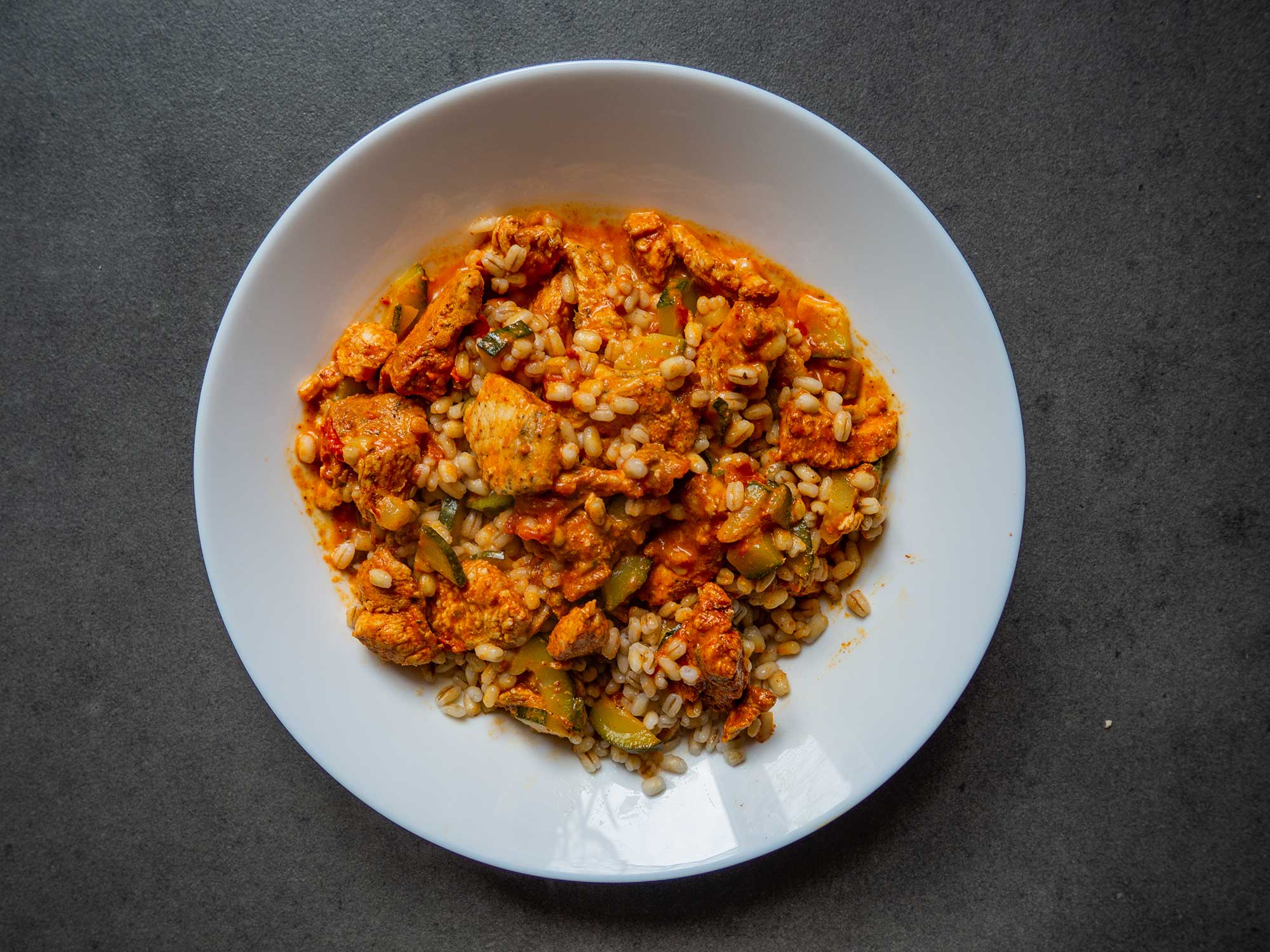 Pearl Barley with Chicken in Zucchini and Tomato Sauce
