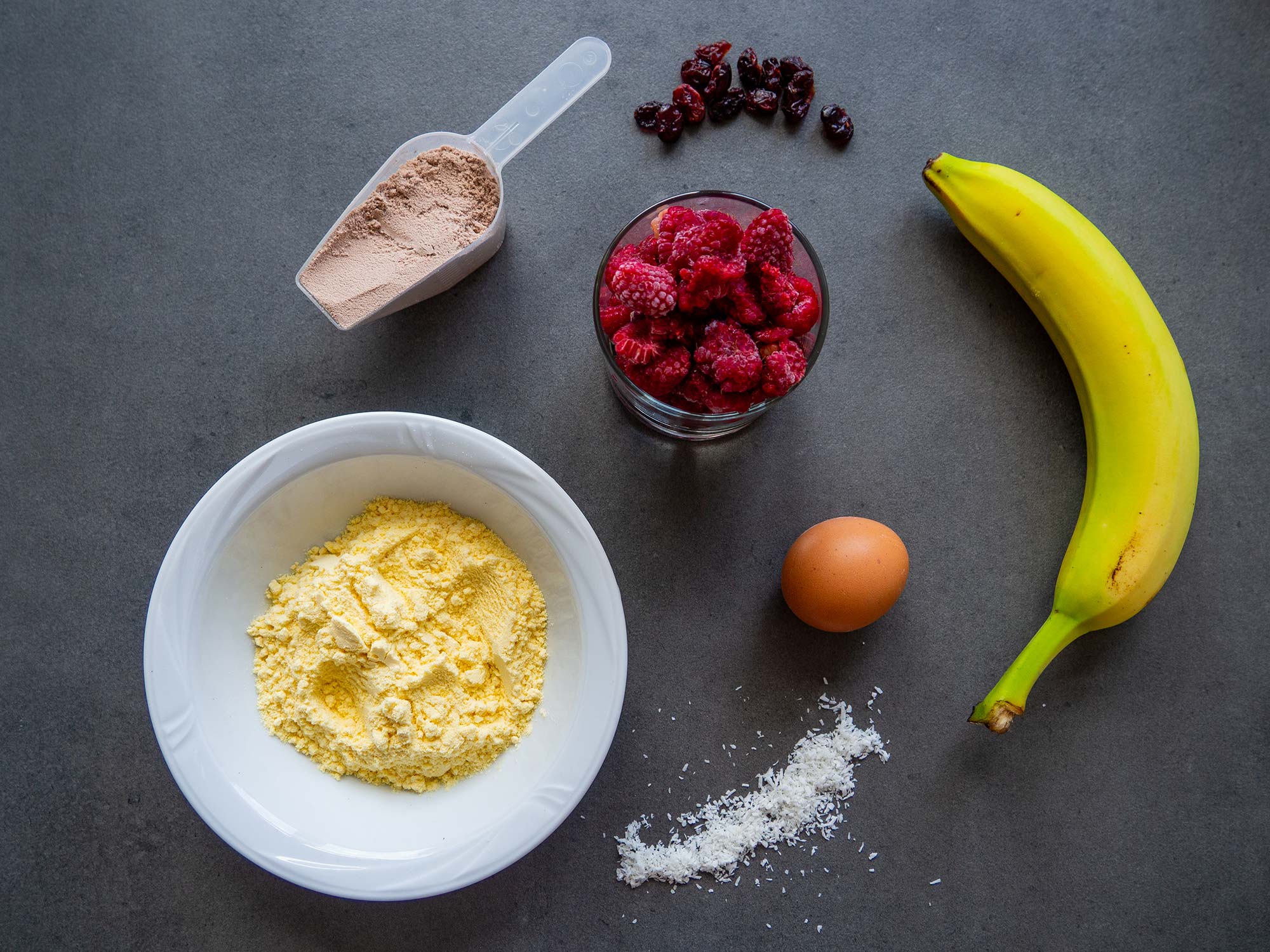 Chocolate mug cake with raspberry mousse ingredients