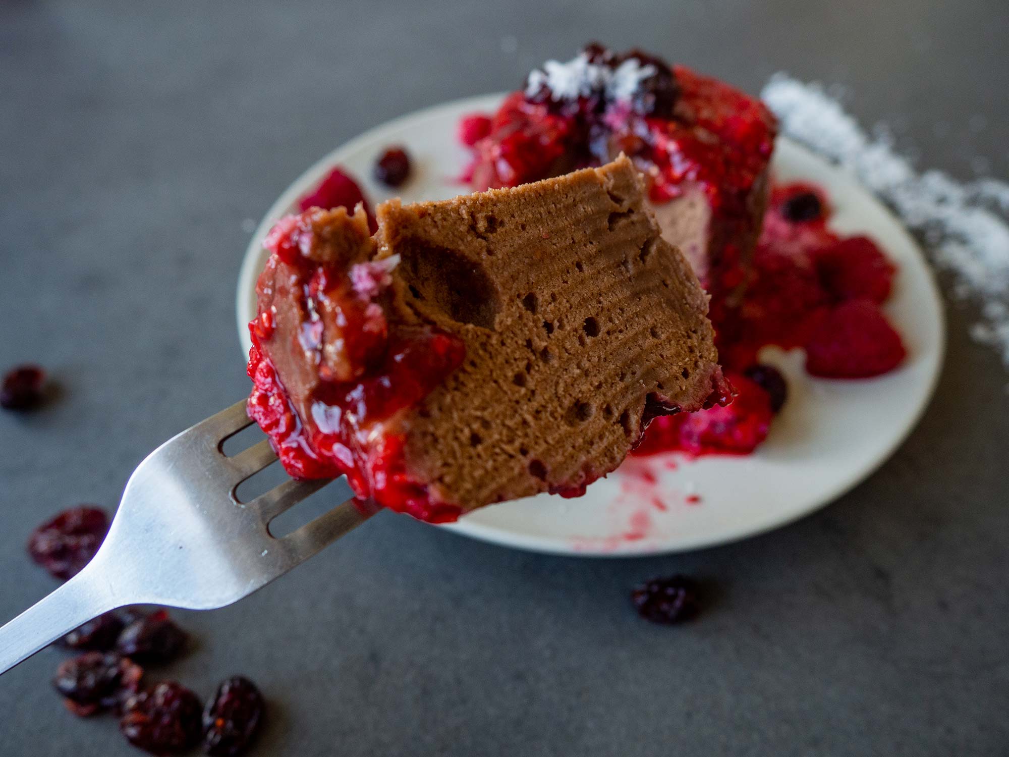 Chocolate mug cake with raspberry mousse