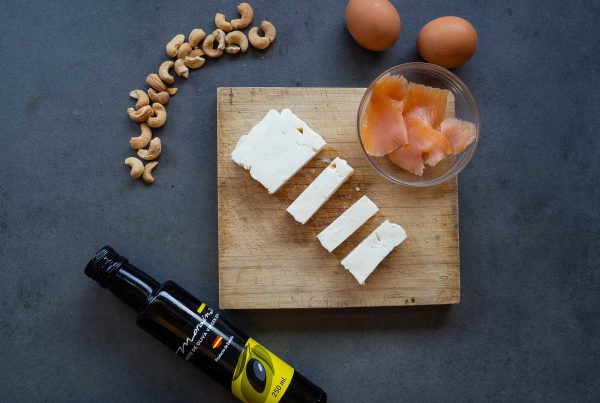 Oil, feta cheese, salmon, eggs in cycling ketogenic diet