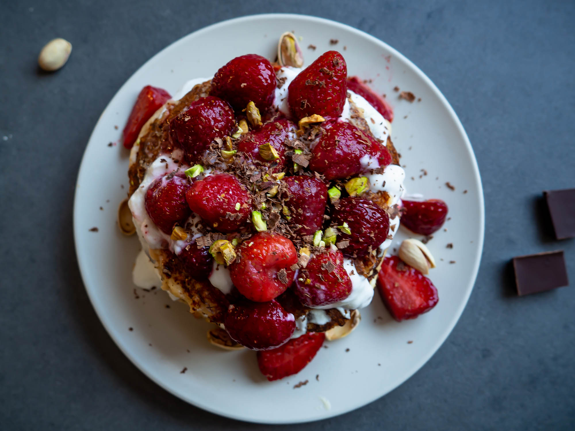 Cottage Cheese Pancakes With Strawberries and Pistachios