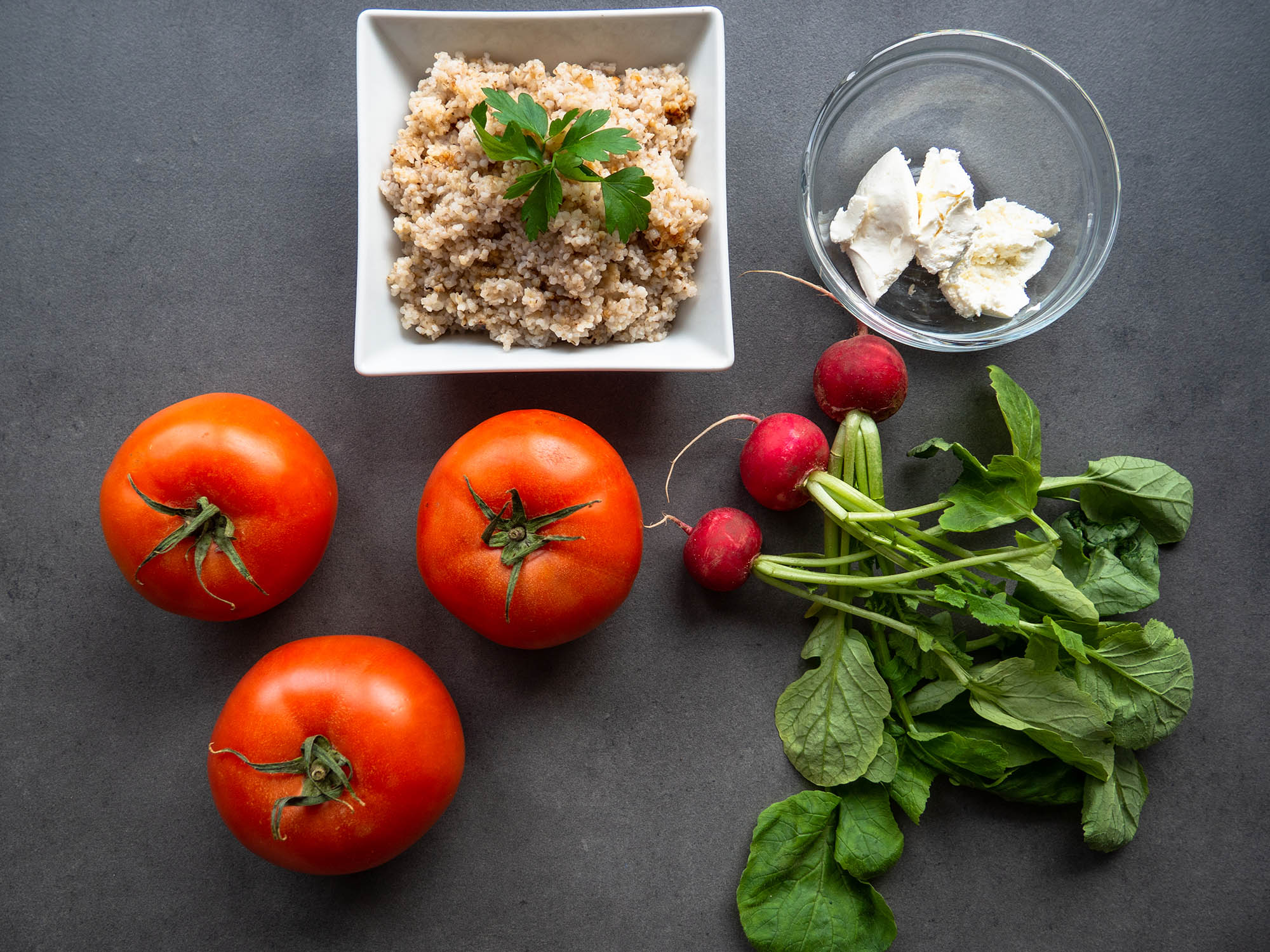 3 tomatoes, barley groats, fresh dill, radishes, Philadelphia cheese